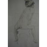RALPH BROWN RA (1928-2003), female nude seated on a stool, back view, pencil and colour wash, pencil