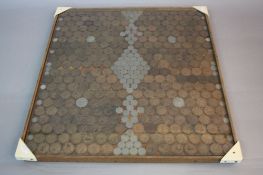 A GLASS TOPPED TABLE 21'' X 23'' WITH A DISPLAY CASE OF 20TH CENTURY COINS