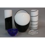 THREE NASON MURANO BLACK AND WHITE GLASS VASES, two of cylindrical form, the other of ovoid form,