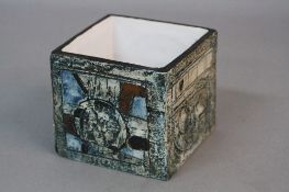 A TROIKA POTTERY CUBE VASE, textured finish with geometric and abstract designs by Linda Hazel,
