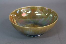 A RUSKIN POTTERY EGGSHELL FOOTED BOWL, mustard, blue and pink mottled lustre glazes, impressed marks