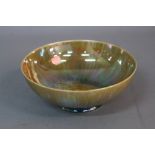 A RUSKIN POTTERY EGGSHELL FOOTED BOWL, mustard, blue and pink mottled lustre glazes, impressed marks