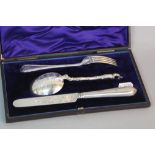 A CASED VICTORIAN DESSERT KNIFE AND FORK, Bead pattern, knife with engraved blade, makers
