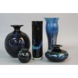 FOUR PHOENICIAN (MALTA) GLASS VASES OF VARIOUS DESIGNS, dark blue/black ground with blue, yellow,