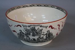 A 19TH CENTURY POTTERY BOWL, transfer printed in monochrome to the interior with 'Ship Caroline'