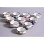 A COLLECTION OF TEN GEORGE III SOUTH STAFFORDSHIRE ENAMEL CAULDRON SHAPE SALTS, circa 1770,