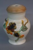A CLARICE CLIFF NEWPORT POTTERY BALUSTER TABLE LAMP, (no fitting), moulded in relief with floral
