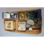 A TRAY OF MIXED YELLOW METAL, SILVER AND COSTUME JEWELLERY, mother of pearl watch, silver pencil,