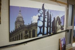A LARGE PHOTOGRAPH ON CANVAS PICTURE OF BIRMINGHAM, size 100cm x 231cm, together with two small