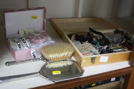 A SILVER AND ENAMEL BRUSH AND MIRROR, together with a boxed Limit watch, bracelet and necklace set