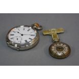 A SILVER POCKET WATCH AND LADIES GILT FOB WATCH (2)