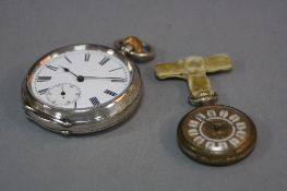 A SILVER POCKET WATCH AND LADIES GILT FOB WATCH (2)