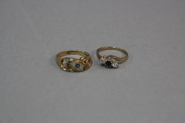 TWO LATE 20TH CENTURY SAPPHIRE AND DIAMOND DRESS RINGS, one scroll design, ring size N,