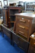 AN OAK CHEST, of two drawers, a matching two door cabinet, an Edwardian mahogany pot cupboard, a