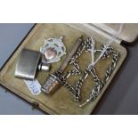 FIVE MIXED SILVER ITEMS, including fob, watch chain, thimble, perfume bottle and tooth pick (5)