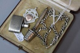 FIVE MIXED SILVER ITEMS, including fob, watch chain, thimble, perfume bottle and tooth pick (5)