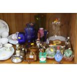 COLOURED AND CLEAR GLASSWARE, miniature bottles, ashtray, dressing table items, large modern glass