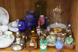 COLOURED AND CLEAR GLASSWARE, miniature bottles, ashtray, dressing table items, large modern glass