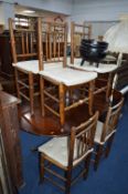 A SET OF SIX 19TH CENTURY OAK FARMHOUSE CHAIRS, with spindle backs and a mahogany pedestal table (