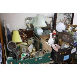 THREE BOXES AND LOOSE SUNDRY ITEMS, to include telephones, Brass hand bell, 'RAC', 'AA' badges,