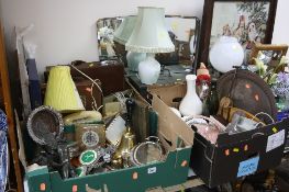THREE BOXES AND LOOSE SUNDRY ITEMS, to include telephones, Brass hand bell, 'RAC', 'AA' badges,