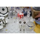 A COLLECTION OF GLASSWARE, including silver mounted scent and toilet bottles