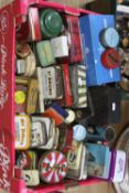 A BOX OF ASSORTED TINS, including tobacco, tea, biscuits, etc