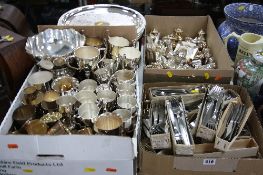 A BOX OF BOXED STAINLESS STEEL HONG KONG CUTLERY, a box of cruets, ashtrays, napkin rings, etc, a