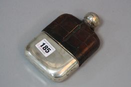 A JAMES DIXON & SONS SILVER AND GLASS HIP FLASK, WITH CROCODILE SKIN COVER TO FLASK, cover Sheffield
