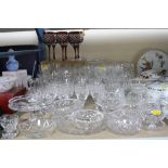 A QUANTITY OF GLASSWARE, mostly drinking glasses including a set of six ruby and clear, includes