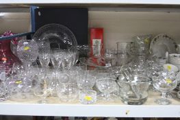 A QUANTITY OF GLASSWARE, including Stuart Crystal drinking glasses, assorted bowls, jugs, pestle and