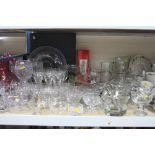 A QUANTITY OF GLASSWARE, including Stuart Crystal drinking glasses, assorted bowls, jugs, pestle and