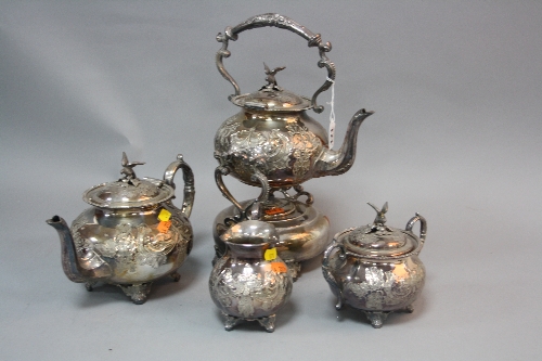 A JOHN TURTON ELECTRO PLATE ON COPPER FOUR PIECE TEA SET, in Victorian style, comprising teapot,