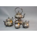 A JOHN TURTON ELECTRO PLATE ON COPPER FOUR PIECE TEA SET, in Victorian style, comprising teapot,