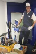 TWO BOXES AND LOOSE AUTOGRAPHED ITEMS, posters, golf clubs, etc, mainly related to Golf (tom Watson,