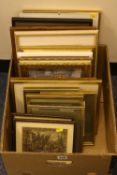 A BOX OF PICTURES AND PRINTS, including a pair of needlework pictures of 17th Century style