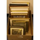 A BOX OF PICTURES AND PRINTS, including a pair of needlework pictures of 17th Century style