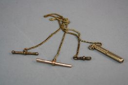 A MID 20TH CENTURY 9CT GOLD SINGLE ALBERT CHAIN AND TOOTH PICK, close plain curb link measuring