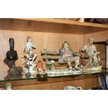 SEVEN VARIOUS ORNAMENTS, to include Capodimonte Tramp on bench, impressed I P A mark (slight