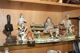 SEVEN VARIOUS ORNAMENTS, to include Capodimonte Tramp on bench, impressed I P A mark (slight