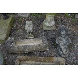 A PRE CAST LOG SHAPED GARDEN PLANTER, and two garden figures including an owl (3)