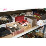 FIVE BOXES OF METALWARE, CUTLERY, vintage and modern board games, HMV radio, table lamp, etc (five