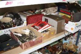 FIVE BOXES OF METALWARE, CUTLERY, vintage and modern board games, HMV radio, table lamp, etc (five