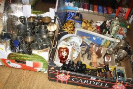 THREE BOXES OF TANKARDS, COSTUME DOLLS, BINOCULARS, CONTINENTAL FIGURES, etc (three boxes and