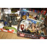 THREE BOXES OF TANKARDS, COSTUME DOLLS, BINOCULARS, CONTINENTAL FIGURES, etc (three boxes and