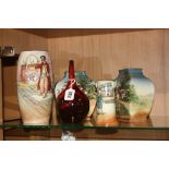 FIVE PIECES OF ROYAL DOULTON, to include flambe bud vase, approximate height 17cm, a pair of cottage