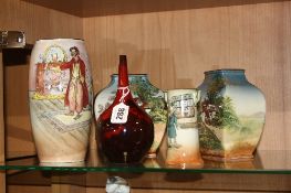 FIVE PIECES OF ROYAL DOULTON, to include flambe bud vase, approximate height 17cm, a pair of cottage