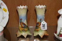 A PAIR OF LOCKE & CO. WORCESTER BLUSH IVORY BUD VASES, painted with Pheasants, signed E.Blake,