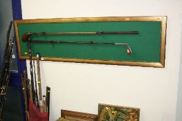 VARIOUS WOODEN GOLF CLUBS, with two on wall hanging mount, together with Apollo Taper flash