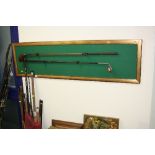 VARIOUS WOODEN GOLF CLUBS, with two on wall hanging mount, together with Apollo Taper flash